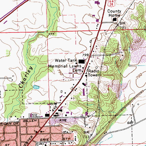 Topographic Map of Memorial Lawns Cemetery, IN