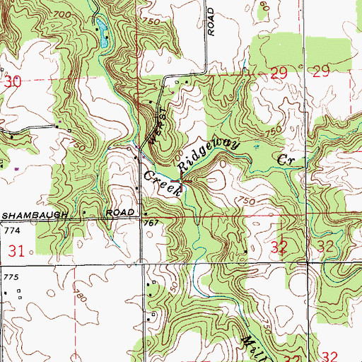 Topographic Map of Ridgeway Creek, IN