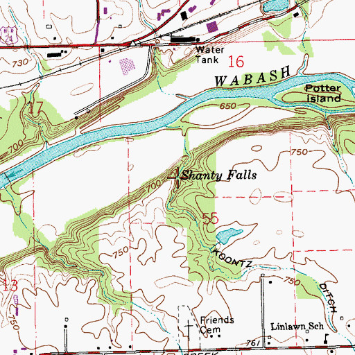 Topographic Map of Shanty Falls, IN
