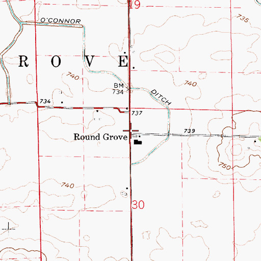 Topographic Map of Round Grove, IN