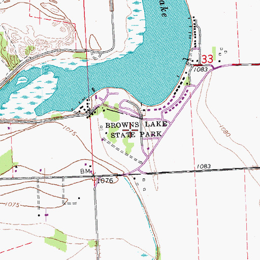 Topographic Map of Browns Lake - Bigelow Park, IA