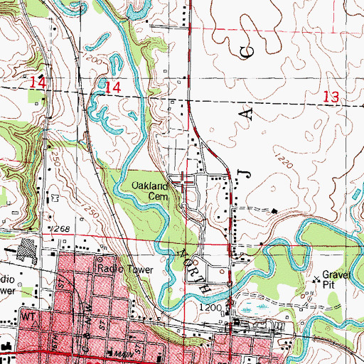 Topographic Map of Oakland Cemetery, IA