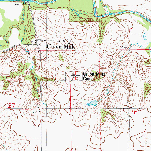 Topographic Map of Union Mills Cemetery, IA