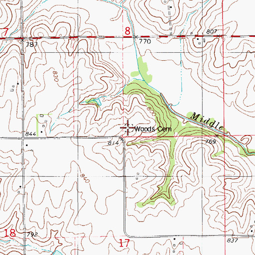 Topographic Map of Woods Cemetery, IA