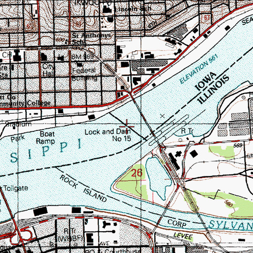 Topographic Map of Locks and Dam 15, IA