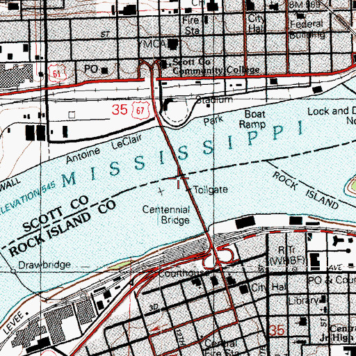 Topographic Map of Centennial Bridge, IA