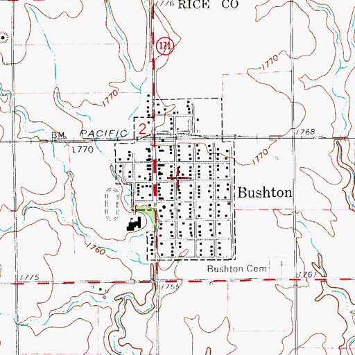 Topographic Map of Bushton, KS