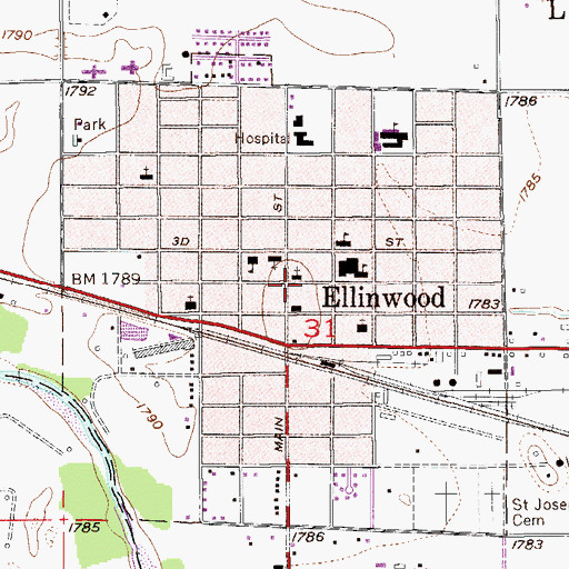 Topographic Map of Ellinwood, KS