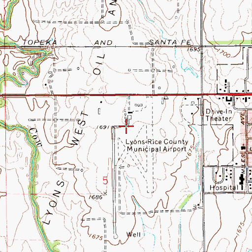 Topographic Map of Lyons-Rice County Municipal Airport, KS