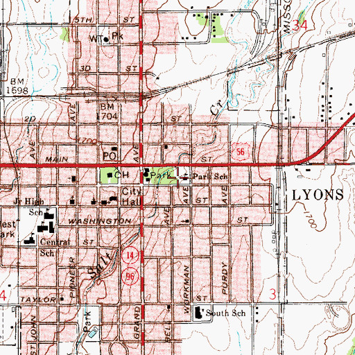 Topographic Map of Lyons Park Elementary School, KS