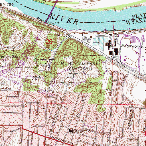 Topographic Map of Memorial Park Cemetery, KS