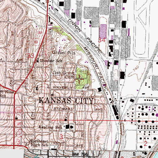 Topographic Map of Oak Grove Cemetery, KS