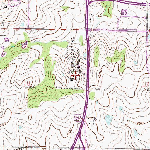 Topographic Map of Johnson County Memorial Gardens, KS