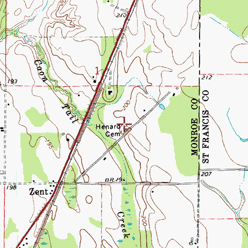 Topographic Map of Henard Cemetery, AR