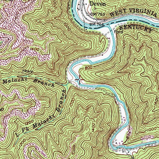 Topographic Map of Right Fork Malachi Branch, KY