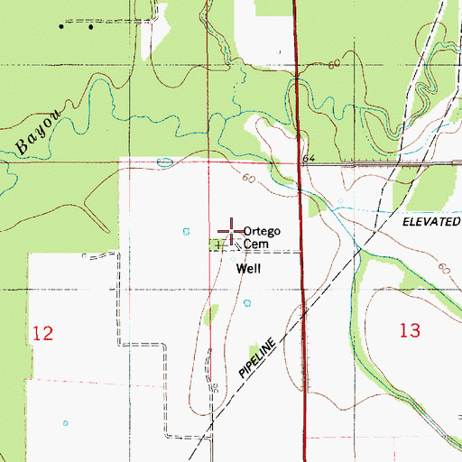 Topographic Map of Ortego Cemetery, LA