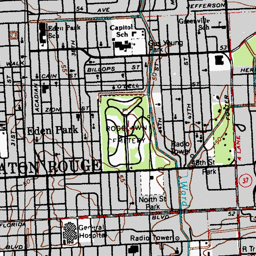 Topographic Map of Roselawn Cemetery, LA