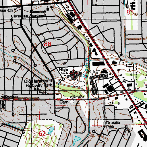 Topographic Map of Tara High School, LA