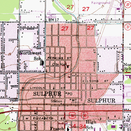 Topographic Map of Sulphur City Hall, LA
