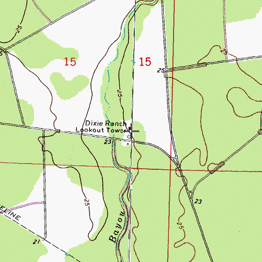Topographic Map of Dixie Ranch Lookout Tower, LA