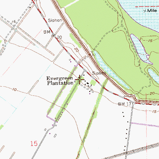 Topographic Map of Evergreen Plantation, LA