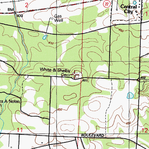 Topographic Map of White and Shelby Cemetery, AR
