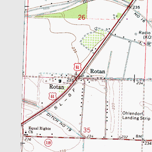 Topographic Map of Rotan, AR