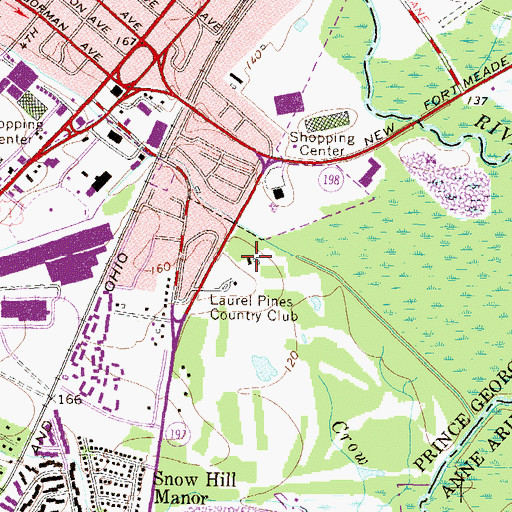 Topographic Map of Laurel Pines Country Club, MD