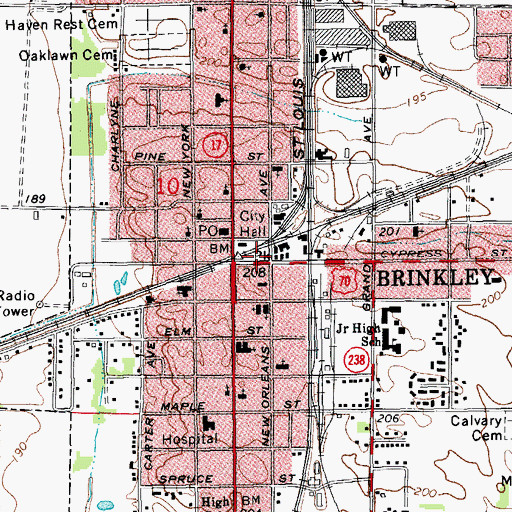 Topographic Map of Brinkley City Park, AR