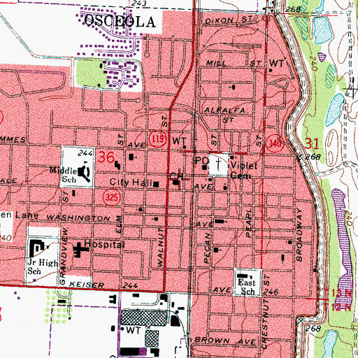 Topographic Map of Mississippi County Courthouse, AR
