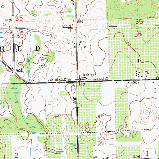 Topographic Map of Ashley Church, MI