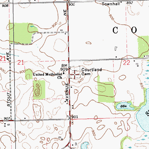 Topographic Map of Courtland Cemetery, MI