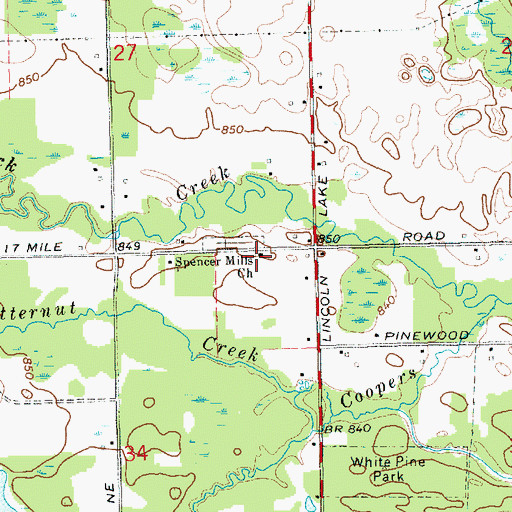 Topographic Map of Spencer Mills Church, MI