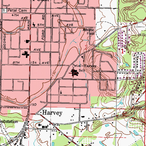 Topographic Map of Petal-Harvey School, MS