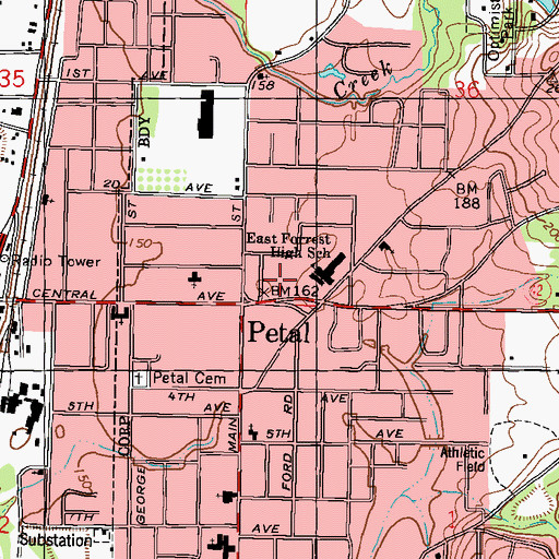 Topographic Map of Petal Elementary School, MS