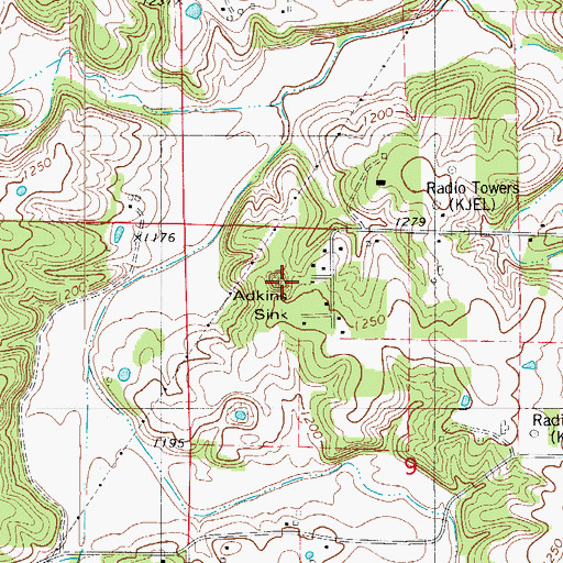 Topographic Map of Adkins Sink, MO