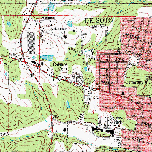 Topographic Map of Calvary Cemetery, MO
