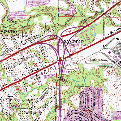 Topographic Map of Claycomo, MO