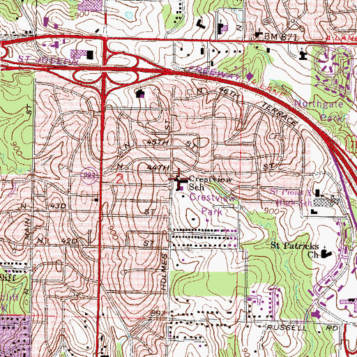Topographic Map of Crestview School, MO