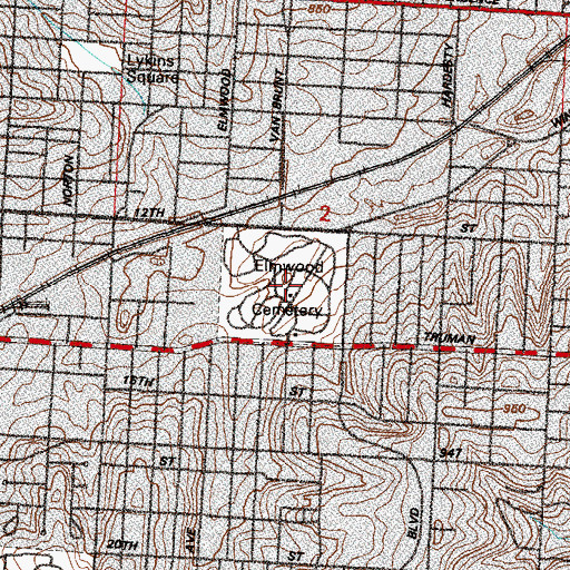 Topographic Map of Elmwood Cemetery, MO