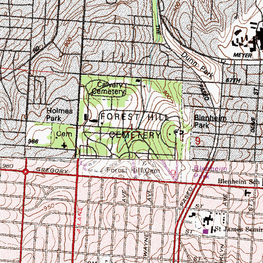 Topographic Map of Forest Hill Cemetery, MO