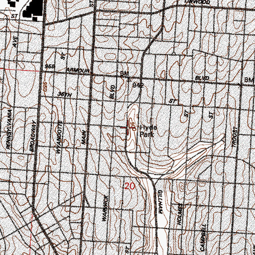 Topographic Map of Hyde Park, MO