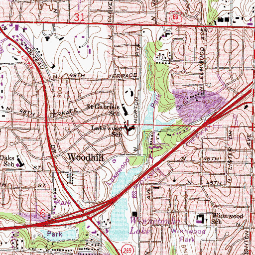 Topographic Map of Lakewood School, MO