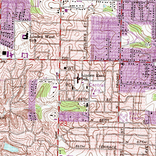 Topographic Map of Linden East School, MO