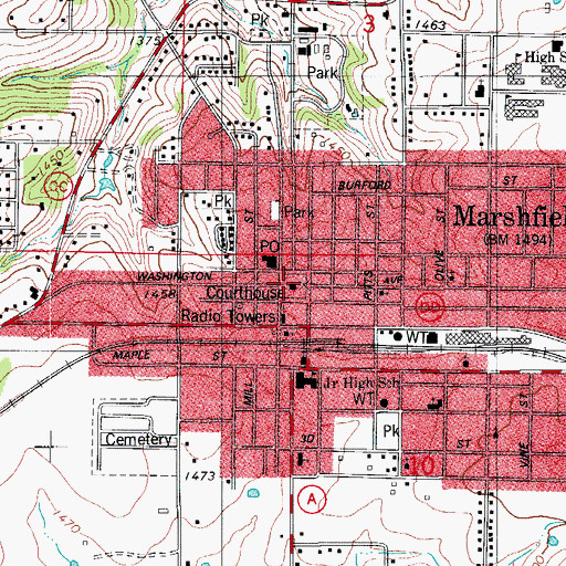 Topographic Map of Marshfield, MO