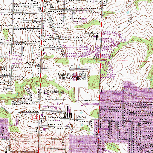 Topographic Map of Oak Park High School, MO