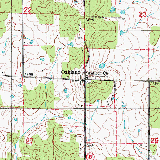 Topographic Map of Oakland, MO