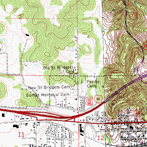 Topographic Map of Old Saint Bridgets Cemetery, MO