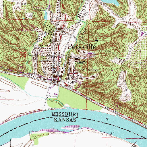 Topographic Map of Park College, MO