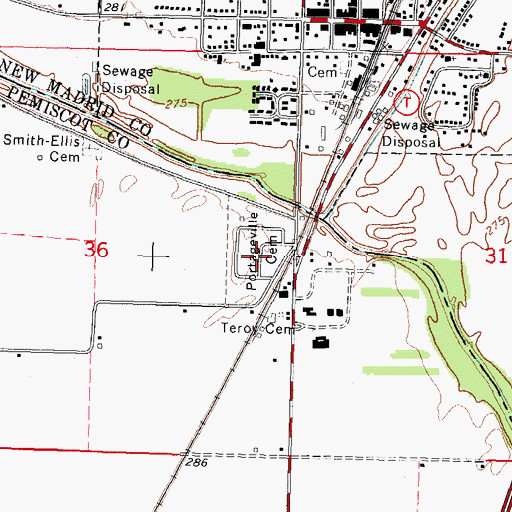 Topographic Map of Portageville Cemetery, MO